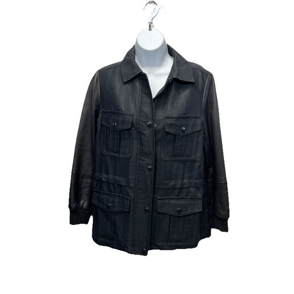 Club Monaco Black Lamb Leather Canvas Cargo Utility Jacket Size S Pockets zip - Picture 1 of 11